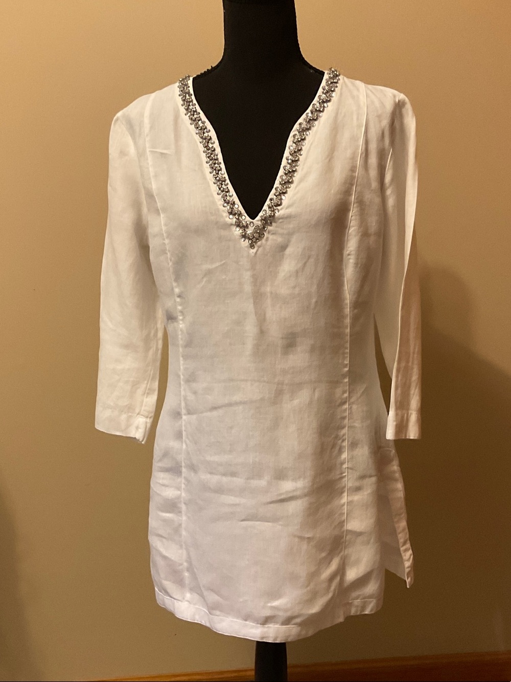 Embellished V-Neck 100% Linen White Women's Tunic